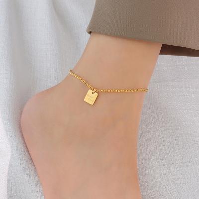 China Wholesale New Retro Stainless Steel American European FASHIONABLE 18K Gold LUCKY Square Brand Anklet Women Stain Pendant for sale