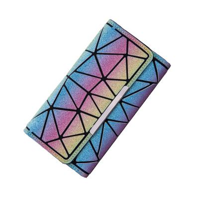 China Wholesale Silver Leather Luxury Geometric Bright Clip Folding Design 3 PU Mirror Wallet Purse Holder Female Purse for sale