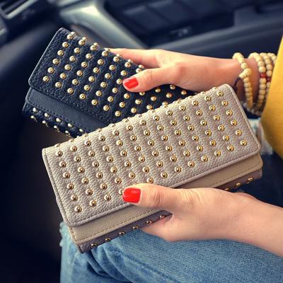 China Cash+card Capacity Wallet 3/Female Folding Money Leather Rivet Card Holder Long Mobile Purse Wallet for sale