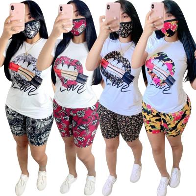 China CX2006306188 Fashion Casual Sports Breathable Breathable T-Shirt Shorts Two Piece Pants Set Lips Printed Round Neck Summer Women's Sets for sale