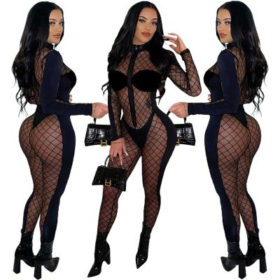 China MSL390254-2021New Breathable Yarn Breathable Sexy Net Perspective Quilting Overall Black Nightclub Clothes Women for sale