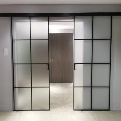 China Modern Black Aluminum Sliding Barn Door with Hardware Kit, Black Screen Grill Steel Sliding Glass Door with Hardware for sale