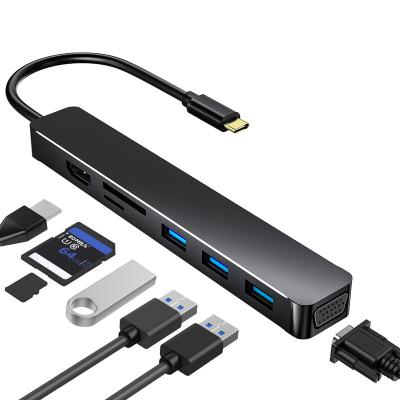 China Electronic Devices HV701 7 in 1 Multifunctional Adapter Type-C to HMD+USB3.0*3 +SD/TF+VGA USB Type C HUB Adapter for sale