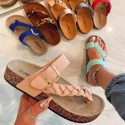 China New Style Fashion Trend Style Double Strap Sandals Eva Sole Cork Women Flat Sandals PU Leather Buckle for sale