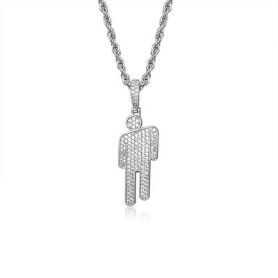 China Hiphop Full Of Zircon Gold Silver Necklace With 60cm Rope Chain For Men Women On Trend Hip Hop Billie Tilted Head Pendant Necklace for sale