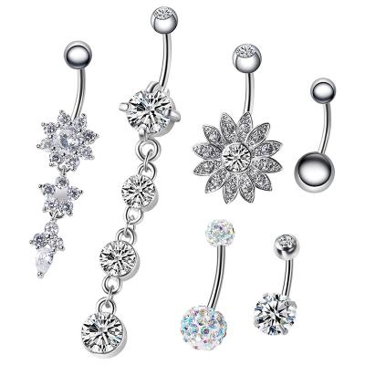 China 2022 Punk Sexy Body Jewelry Flower Shape Belly Piercing CZ Inlaid 14G Stainless Steel Dangle Belly Button Rings For Women for sale