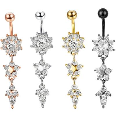 China Shiny Piercing Zircon 316L Stainless Steel Belly Button Rings Flower Belly Button Rings Rose Gold Plated CZ Punk Belly Jewelry 14G For Women for sale