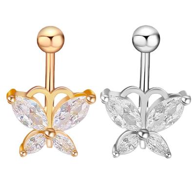 China Shiny Punk Stainless Steel CZ Belly Piercing Jewelry For Party Gold Plated Belly Button Rings Zircon Butterfly Belly Button Rings For Women for sale