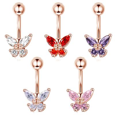 China PVD Jewelry CZ Stainless Steel Navel Piercing Rings Rose Gold Plated Belly Rings Punk Hypoallergenic Shiny Zircon Belly Button Rings For Women for sale