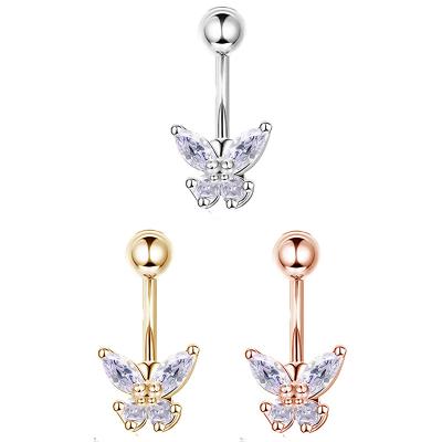 China Punk Hypoallergenic Shiny Light Purple Butterfly Belly Button Rings CZ Belly Button Rings Stainless Steel Piercing Jewelry For Women for sale