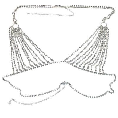 China Sexy Rhinestone Chest Chain Jewelry Beach Nightclub Punk Queen Style Shiny CZ Breast Bikini Bra Body Chain For Women for sale