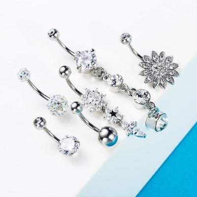 China Vintage 14G Sexy Belly Button Rings Flower Shape Belly Piercing Body Jewelry Shiny CZ Stainless Steel Dangle Belly Button Rings For Women for sale