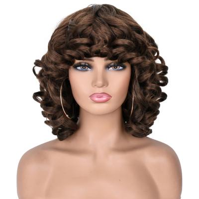 China Short Hair Superb Afro Curly Wave Wig With Bangs Natural Loose Shoulder Synthetic Fluffy Length Cosplay Wigs For Dark Brown Color Women 14