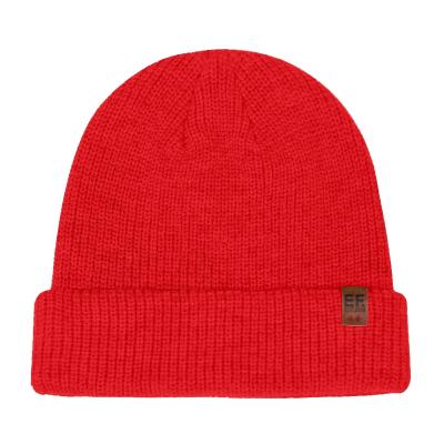 China Double layer winter beanie warm wholesale leather patch beanie ribbed beanie hat for sale