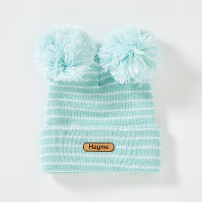 China Soft Striped Beanies Kids Double Pom Pom Ball Children Custom Size Beanie Cap Hat for sale