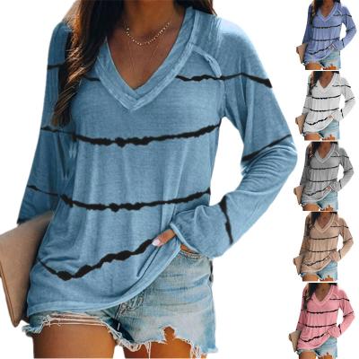 China European and American Anti-wrinkle TL1004 autumn/winter new style women tie-dye stripe printing V-neck long-sleeved T-shirt for women for sale