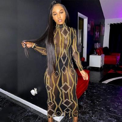 China Spring Bodycon Print Dress TL0460 2021 New Arrivals Women Turtle Neck Translucency Long Sleeve Breathable Fashionable Sexy One-piece for sale