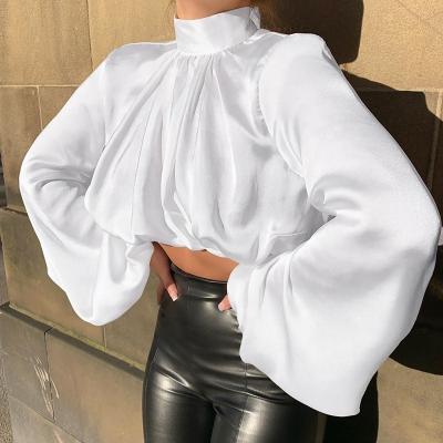 China TL0702 Spring Autumn Sexy White Satin Turtleneck Breathable Women Blouses And Sleeve Crop Tops Lady Lantern New Designs 2021 Long for sale