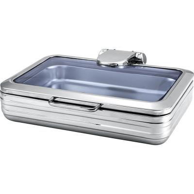 China 9L Hardware Oblong Induction Water Yard Hydraulic Chafing Dish With Glass Lid 304 Stainless Steel Serving Dish For Restaurant for sale