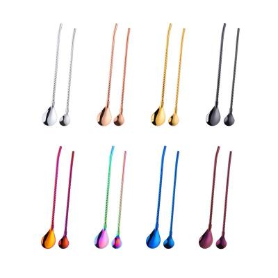 China Wholesale 304 Reusable Colorful Stainless Steel Colorful Metal Stirrer Spoon Mixing Drinking Straw for sale