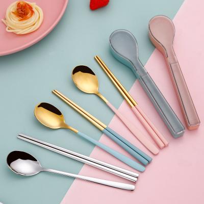 China 2 Pcs Chopsticks Spoon Camping Travel Flatware Stainless Steel Sustainable Cutlery Set With Plastic PP Box Case For Outdoor for sale