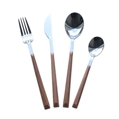 China Stainless Steel Viable Wooden Color Cathylin Handle Plastic Flatware Sets Spoon Knife Fork Spoon Cutlery Sets for sale