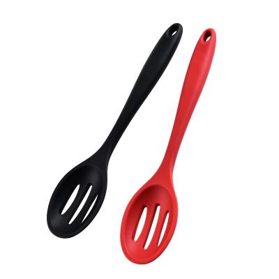 China Sustainable Reusable Heat Temperature Kitchen Tools Food Grade Red Black Silicon Slotted Spoon For Cooking for sale