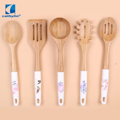 China Sustainable High Quality Customized Eco - Friendly Bamboo Kitchen Cooking Tool Kits With Ceramic Handle for sale