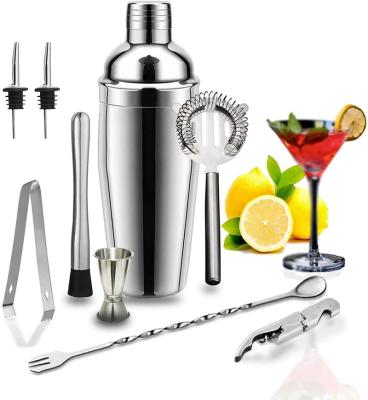 China Factory Direct 750ml Cocktail Shaker Set Boston Stainless Steel Bartender Cocktail Shaker Bar Tool Kit with Bamboo Wooden Stand for sale