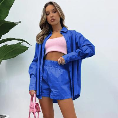 China Anti-pilling Two Piece Set Summer New Solid Color Casual Women Shorts Lapel Single Breasted Shirts for sale