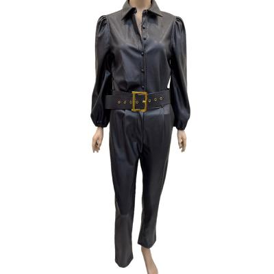 China New fashion high quality ladies long sleeve pu leather overalls customized anti-pilling by manufacturer for sale