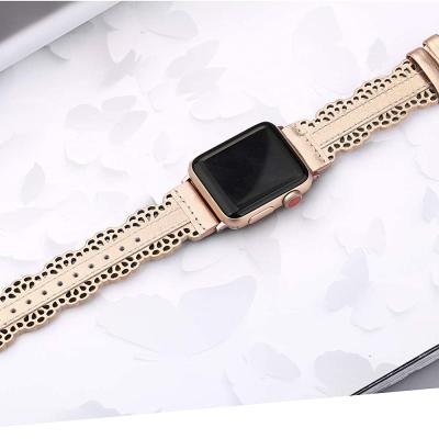 China China Wholesale Manufacturer Casual Wrist Watches Strip Top Layer Genuine Leather Hollowed-out Pattern For Apple Watch Series for sale