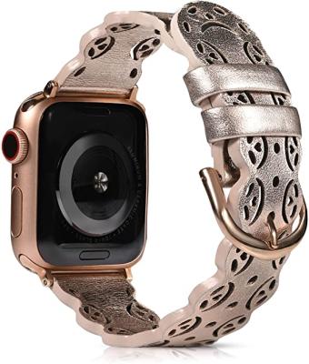 China Hollowed-out Genuine Leather Watch Band- By China Manufacturer Original Watches Strip Casual Lace Pattern Design For Apple Watch for sale