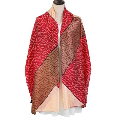 China Hot Selling Polyester New Long Silk Ladies Scarf Multi Colors Stitching Design Fashion Summer Female Square Shawl for sale