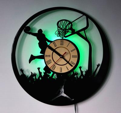 China New Creative Basketball Black Glue Led Night Light Remote Control Lamp Vinyl Record Clock Wall Living Room By Modern Classic/Postmodern Wall Clock for sale