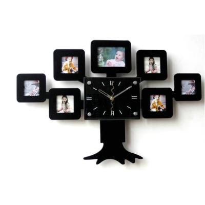 China CREATIVE Photo Frame Clock Tree Shaped Wall Clock For Home Wooden Analog Quartz MDF Decoration Wall Time Use+ Modern Movement Decor Black for sale