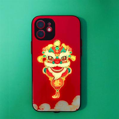 China Small New Design Lion LED Shockproof Auspicious Luminescent Tempered Glass Night Light Mobile Phone Case For iphone 13 13pro 13promax for sale