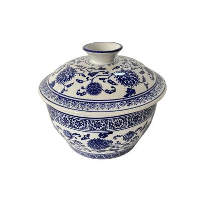 China Sustainable Selling Blue And White Pottery Porcelain Steamer With Cover Ceramic Soup Bowl With Cover for sale