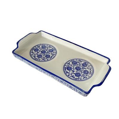 China Sustainable Wholesale Ceramic Blue And White Porcelain Tray Ear Tray for sale