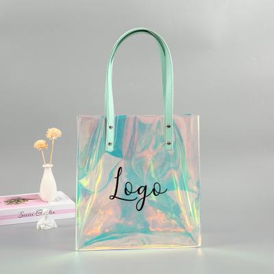 China Fashoion Customized Holographic Transparent Eco-Friendly PVC PU Tote Bag Shopping Bag With Handle for sale