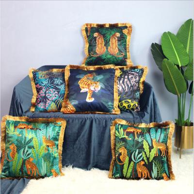 China Anti-bacteria light up style luxury imitation forest pillow gold tassel decoration pillow cushion home silk tropical animal cover for sale