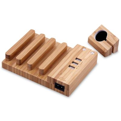 China Flexible 3 USB Dock Mobile Phone Bamboo Stand Charger Bamboo Charging Station for sale