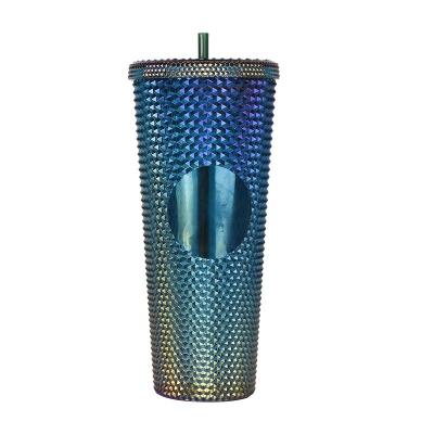 China New Viable Colorful Plastic Diamond Glitter Durian Straw Cups Stud Tumbler With Lid And Straw for sale