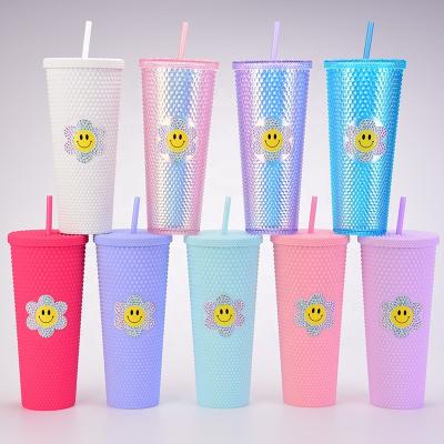 China New Viable Colorful Diamond Glitter Durian Cups Plastic Stud Tumbler With Lid Straw Mugs Wholesale for sale