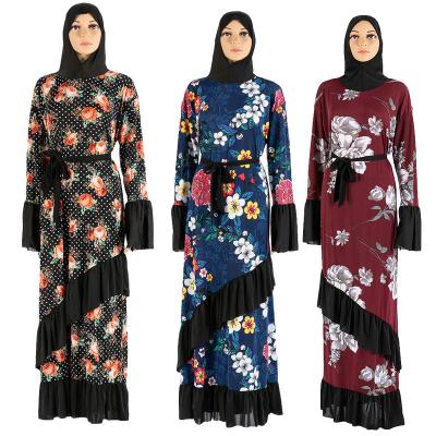 China Hot Selling Black Belt Muslim Middle Eastern Women's Long Sleeve Print Muslim Dress Black Hat Long Robe African Noble Clothing for sale