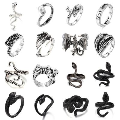 China Hiphop Snake Rings Punk Black Silver Open Adjustable Design Metal Color Animal Exaggerated Ring For Women Men Party Jewelry Gift for sale