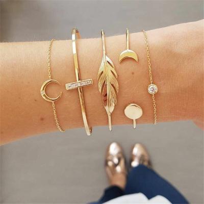 China Punk Bohemian Leaf Crystal Opal Open Bracelet Set Gold Color Moon 5Pcs/set For Women Boho Beach Bracelet Jewelry Punk Gift for sale