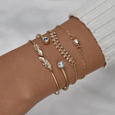 China Punk Fashion Gold Color Geometric Crystal Leaf Bracelet Set For Women Opening Adjustable Bracelets Bangle Party Jewelry for sale