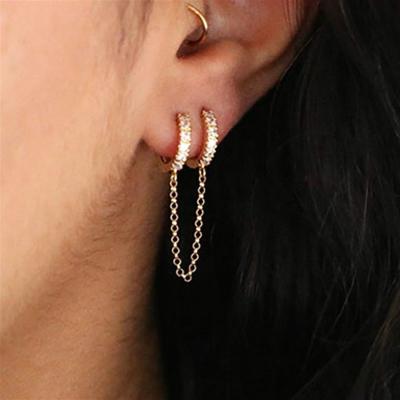 China Hot Sale Two PCS Punk One Hole Piercing Earrings For Women Shiny Metal Color Crystal Zircon 3 Earring Party Chain Jewelry for sale