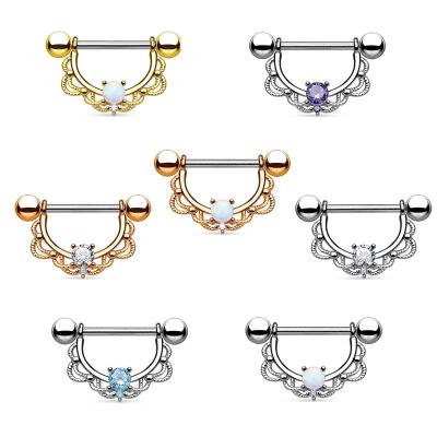 China Barbell 14G Opal Nipple Shield Flower Charming Nipple Heart Piercing 2pcs Titanium Punk Rings For Women Body Piercing Jewelry for sale